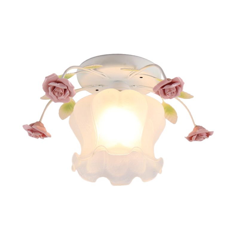 Flowerbud Cream Matte Glass Semi Flush Pastoral 1 Bulb Corridor Ceiling Mount Light in Yellow-Pink/White-Pink