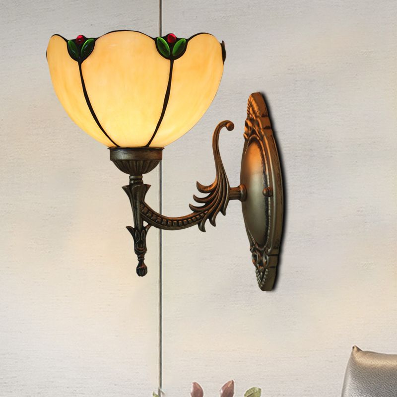 Beige Glass Petals Wall Lamp Vintage 1 Head Bronze Finish Wall Lighting Fixture for Bedroom