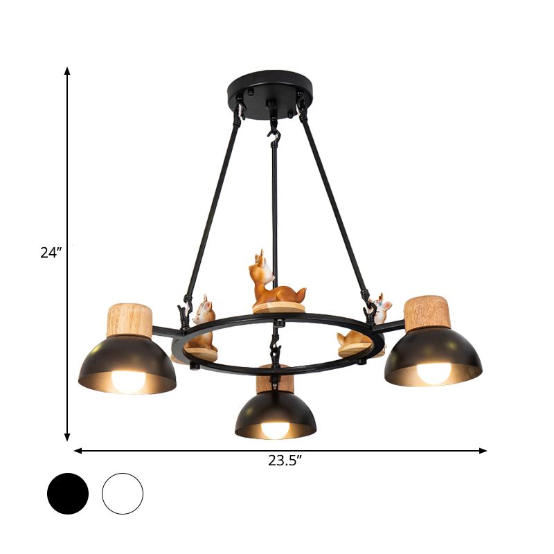 Kids Domed Pendant Chandelier Metal 3/6 Lights Living Room Suspension Lighting with Deer/Horse Decor in Black/White