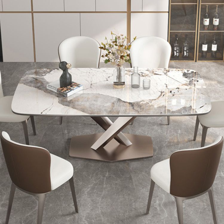 Mesa de comedor de piedra sinterizada de estilo contemporáneo con mesa fija blanca y base de caballete para uso en el hogar