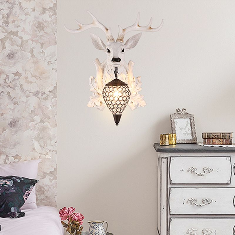 White Elk Wall Light Sconce Rural Resin 12"/20"/28" Wide Single Indoor Lighting Fixture with Drop Crystal Shade