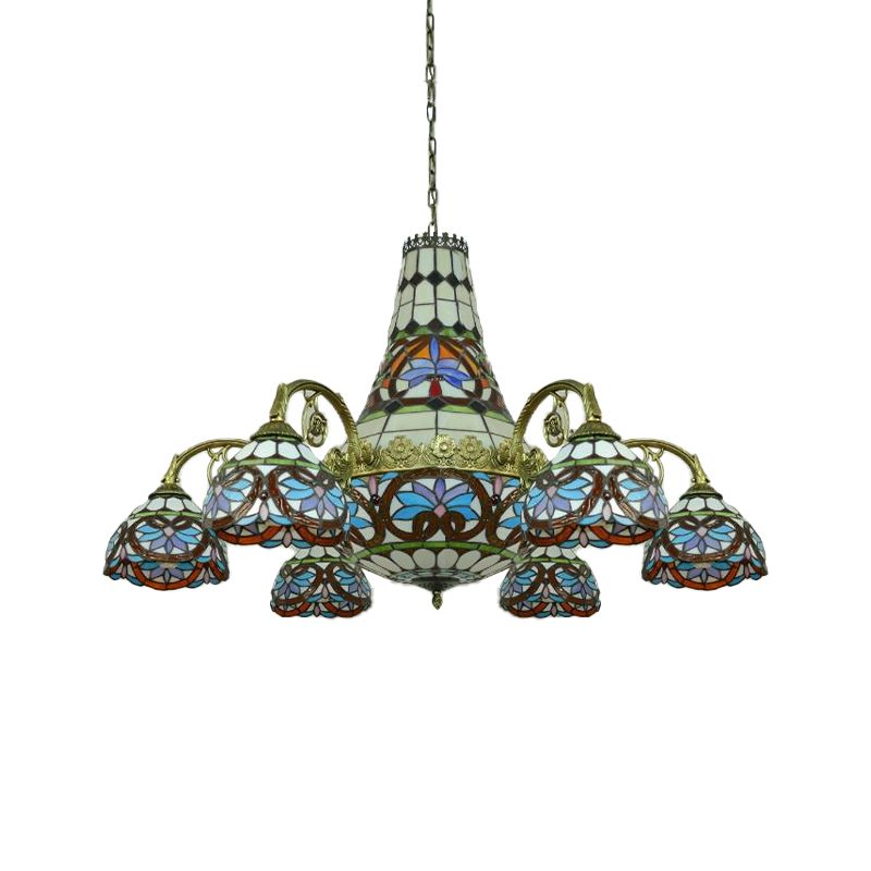 Curved Arm Ceiling Chandelier 11 Lights Stained Glass Mediterranean Hanging Ceiling Light in Pink and Blue/Purplish Blue