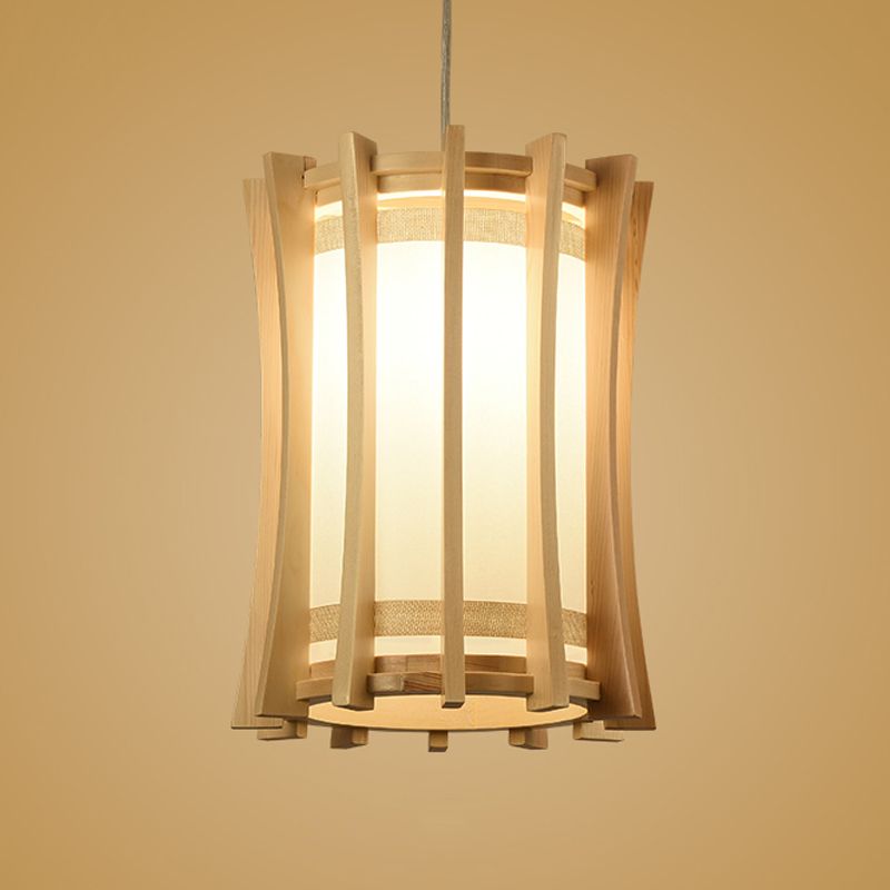 Cylindrical Pendant Light Fixture Asia PVC 1 Bulb Dinette Ceiling Lamp with Wood Cage in Beige