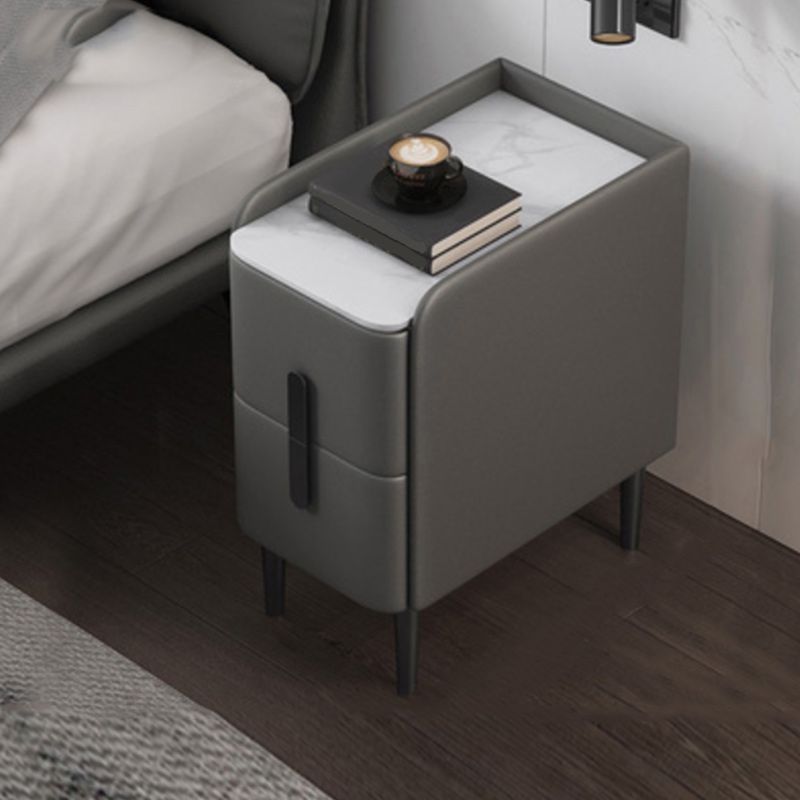 20 Inch Tall Nightstand Modern Stone Top Faux Leather 2-Drawer Legs Included Night Table