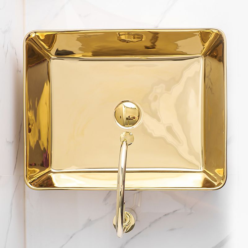 Gold Bathroom Sink Faucet Contemporary Vitreous China Vessel Sink with Pop-Up Drain