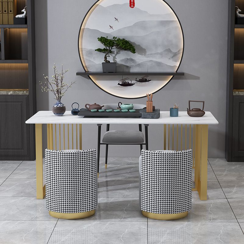 Glam Stone Dining Table Rectangle Iron Table with Golden Double Pedestal Table