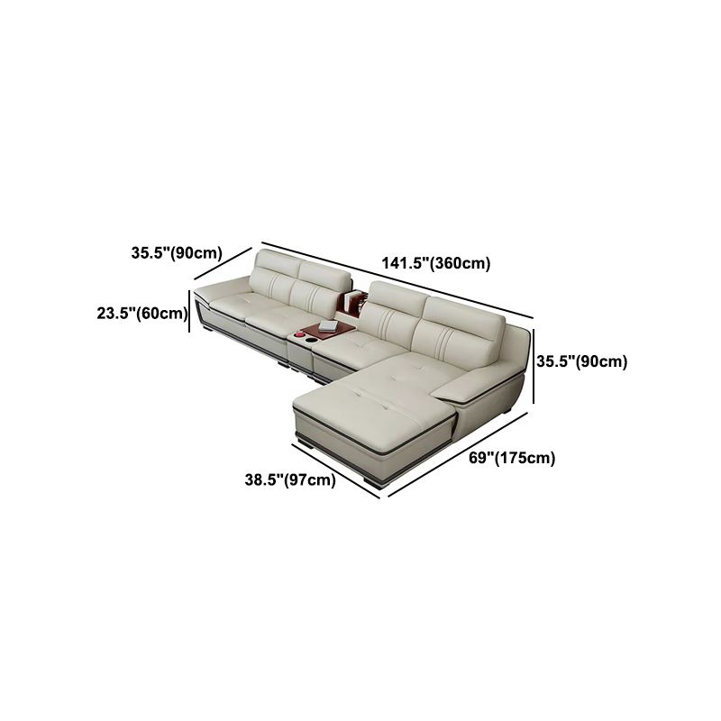 Tufted Pillow Top Arm Sectional Modernism Beige Genuine Leather Sofa&chaise