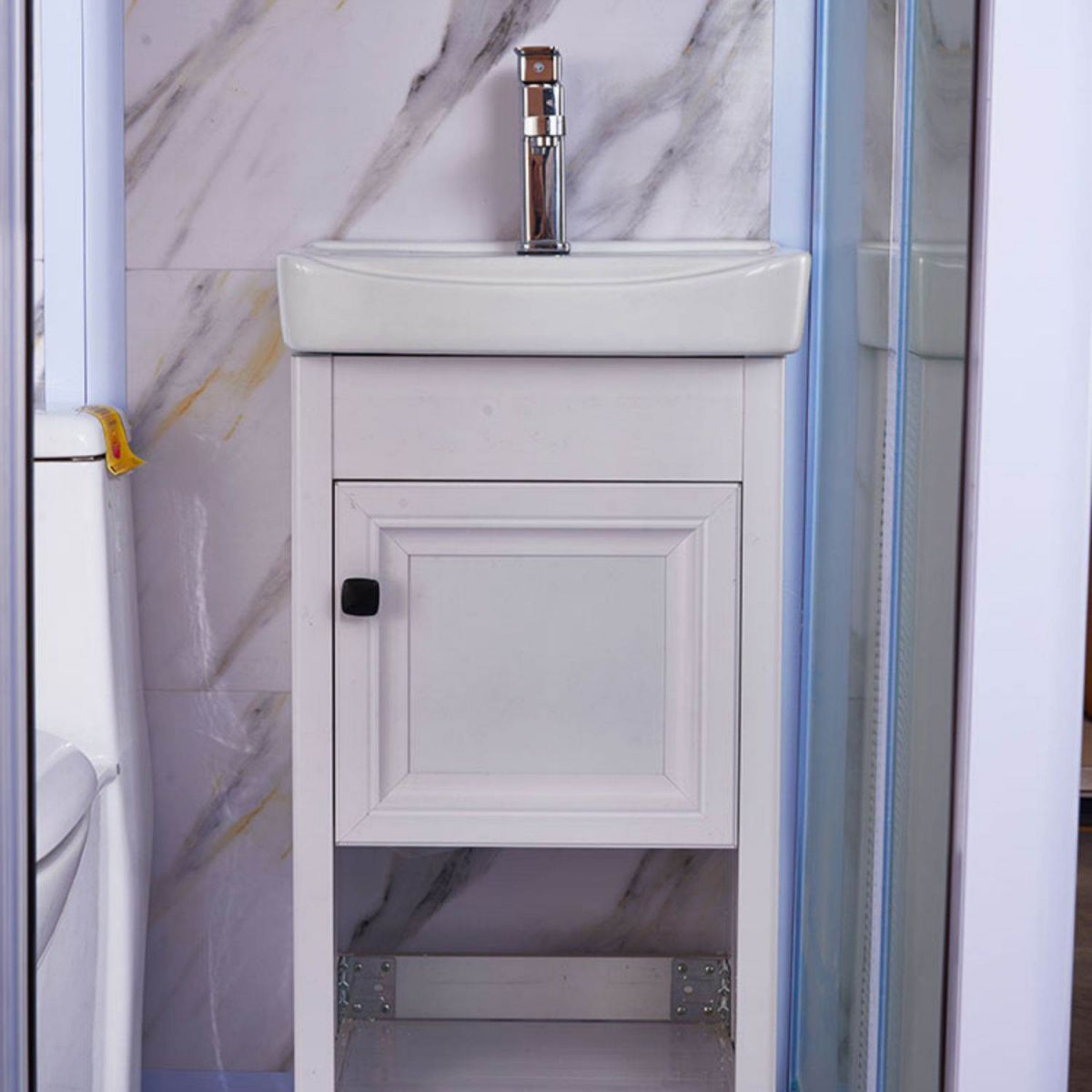 Framed White Shower Kit Corner Rectangle Frosted Shower Stall