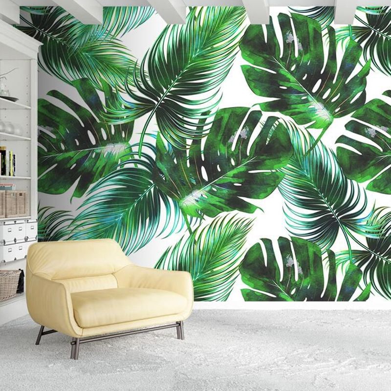 Banana Leaf Mural Wallpaper for Thai Restaurant, Tropical Wall Decor in Dark Green