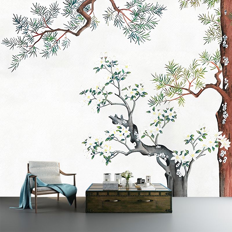 Yellow Oriental Wallpaper Murals Large Pine Branch and Flower Print Wall Art for Family Room