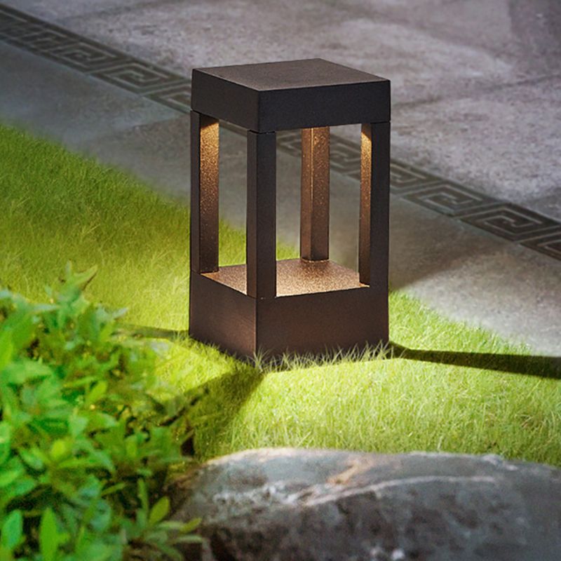 Contemporary Metal Pillar Lamp Geometric Shape Outdoor Waterproof Light in Black Finish