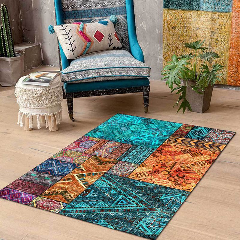Traditional Tribal Pattern Rug Blue and Orange Southwestern Rug Polyester Machine Washable Anti-Slip Backing Carpet for Bedroom