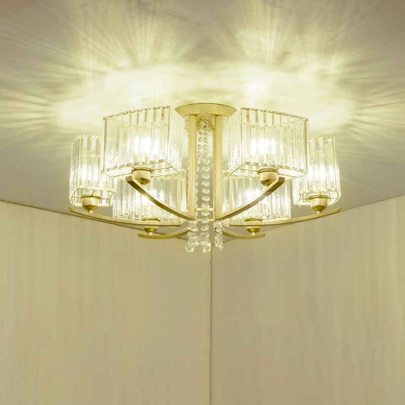 Circular Ceiling Mount Light Minimalist Gold Prismatic Crystal Semi Flush Light for Living Room