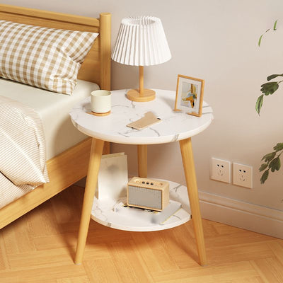 Round Modern Nightstand Imitation Wood Open Storage Night Table with L