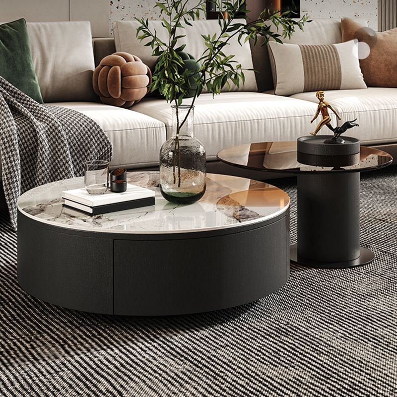 Modern Slate Coffee Table Round Bunching Coffee Table Set with Drawer