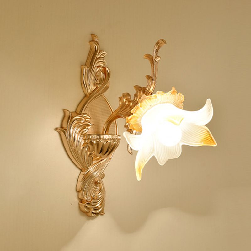 Gold Floral Wall Light Fixture Vintage Glass Living Room Wall Mounted Lamp with Crystal Accent