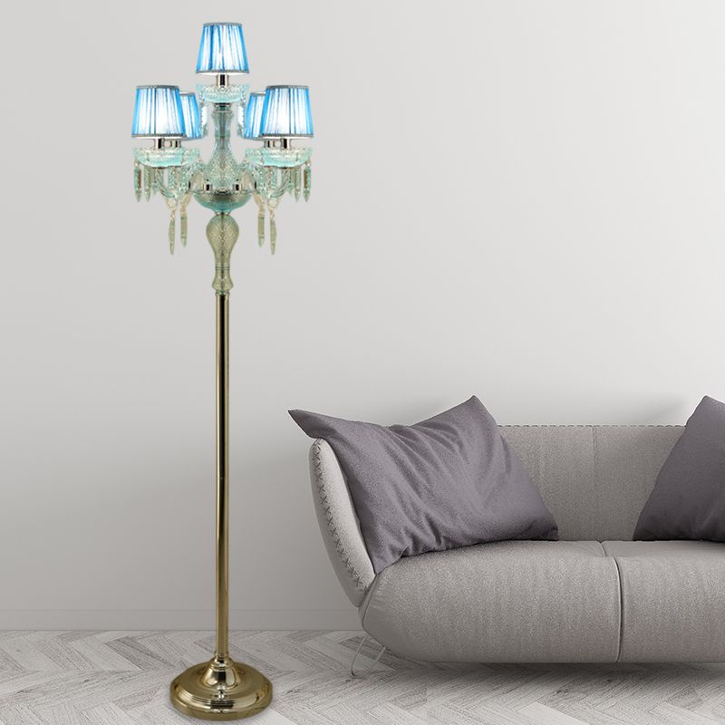Azul 5/6/7 bombas Ligera de lámpara de lectura de candelabra de cristal tradicional con sombra plisada de barril