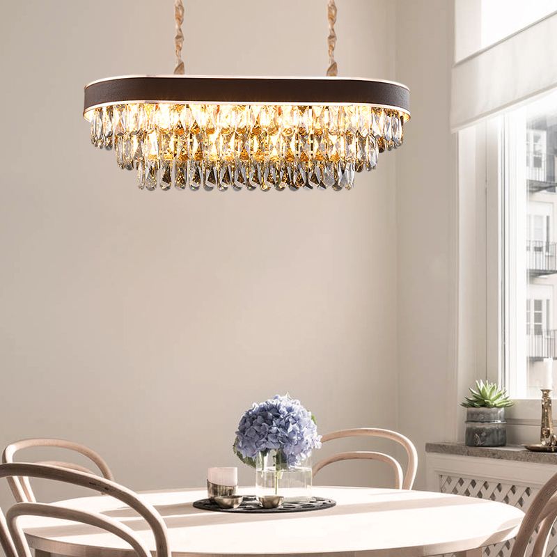 Oval Island lamp Contemporary Crystal Block 12 Lights Black-Gold Hanging Light Fixture