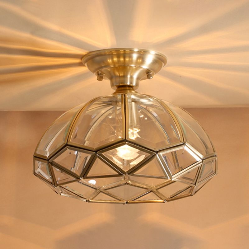 Plafonnier à 1 lumière pour salon colonial avec abat-jour en verre transparent doré