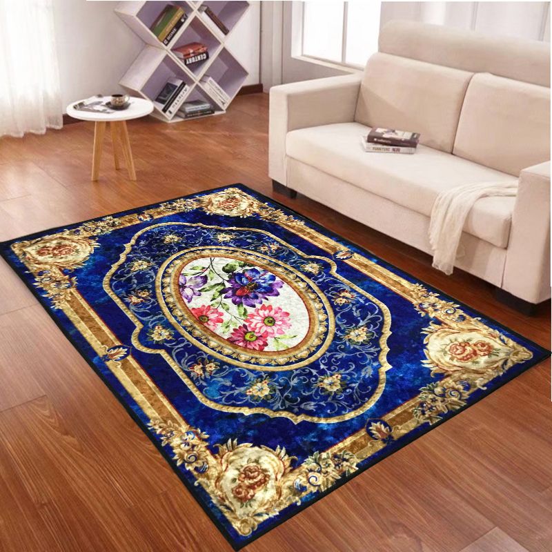 Blue Traditional Area Carpet Medallion Pattern Polyester Area Rug Anti-Slip Rug for Home Decor