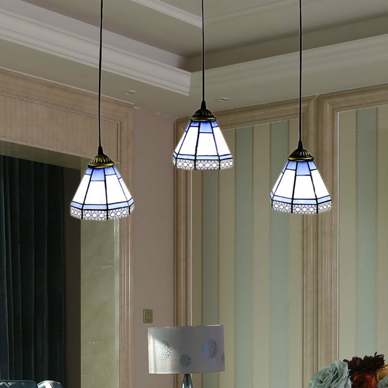 Stained Glass Tapered Swag Lamp Tiffany-Style 3 Heads Blue and White Cluster Pendant Light with Round/Linear Canopy