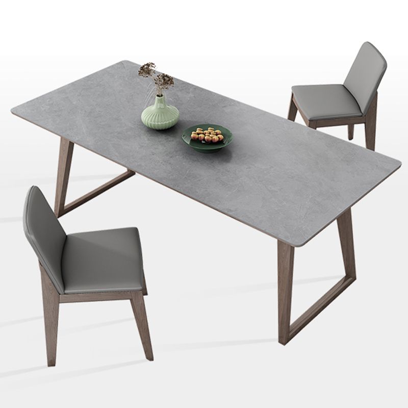 Mid-Century Modern Dining Table Gray Sintered Stone Dining Table with Wood Base