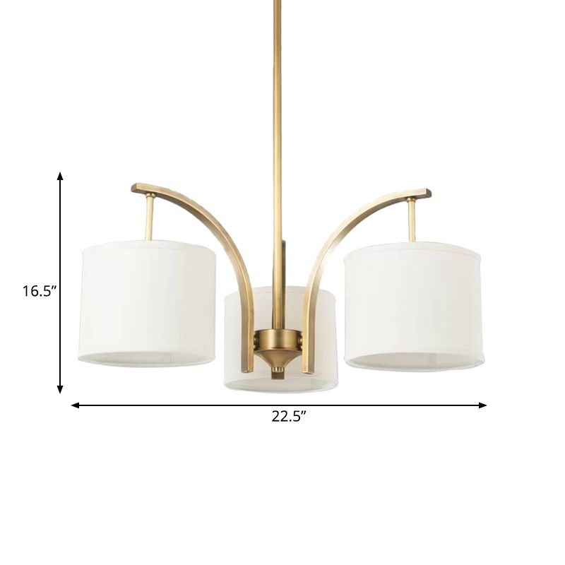 3/5 Bulbs Chandelier Lighting Country Drum Shade Fabric Hanging Lamp in Gold with Metal Curved Arm