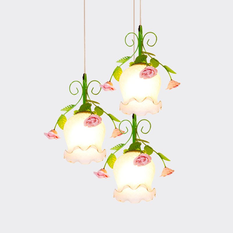Opal Glass Ruffle Cluster Pendant Pastoral Style 3 Lights Dining Room Suspension Lamp in Green with Round/Linear Canopy