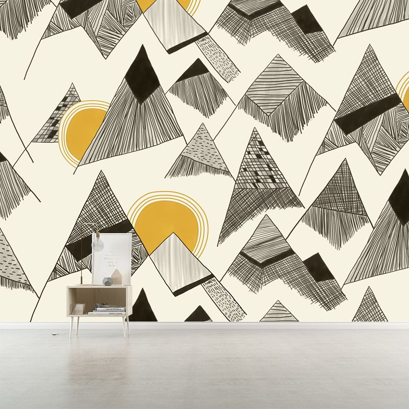 Full Size Art Deco Murals Wallpaper Yellow-Black Sun Behind Cone Mountain Drawing Wall Covering, Custom Print