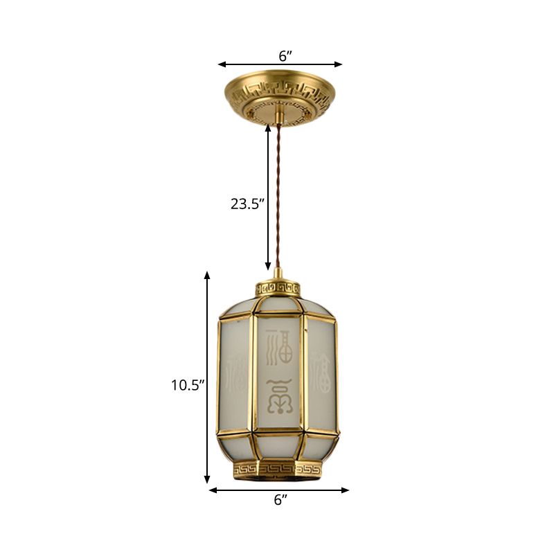 Lantern Corridor Drop Pendant Classic Metal 1 Light Brass Hanging Lamp with Frosted Glass Shade