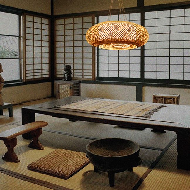 Bambuswebe runde hängende Lampe Chinesische Holzhängeberslicht für Schlafzimmer