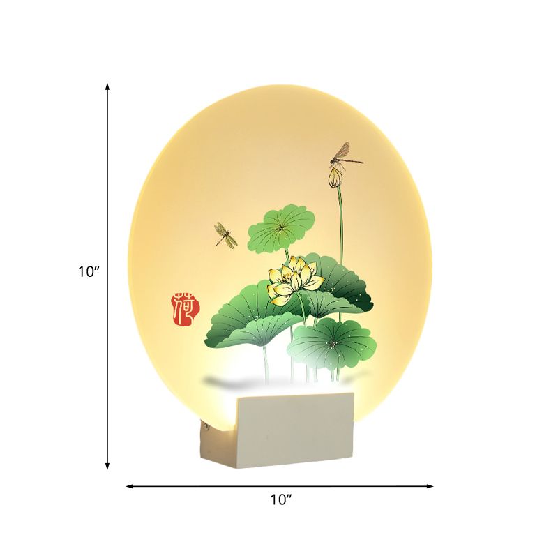 Asia Style Circular Wall Lighting Acrylic LED Wall Mural Light in White with Lotus Leaf and Dragonfly Pattern
