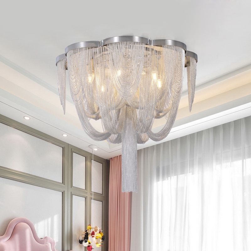 Fringe Chain Flush Mount Modernist Aluminum 4 Lights Chrome Ceiling Lamp for Parlor