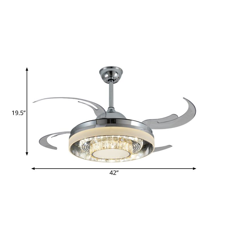 Ronde acrylhangende ventilatorlamp Modernist LED 42 "W woonkamer semi -montage verlichting in zilver met kristallen accent, 4 heldere messen