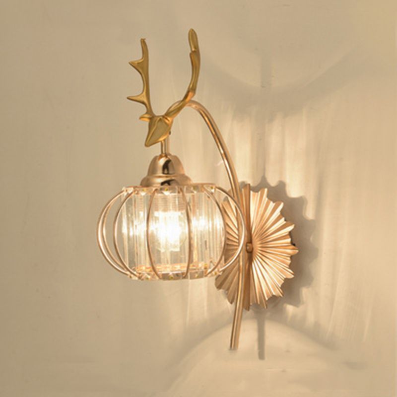 Gold Finish Deer Wall Light Modern 1 Bulb Metal Sconce Light with Round Crystal Shade