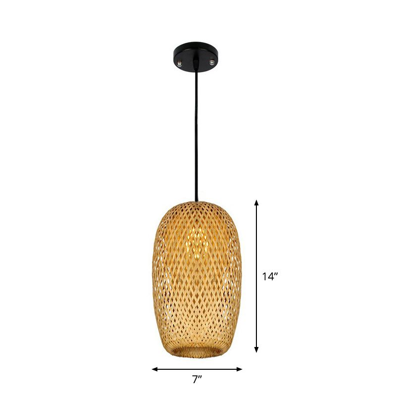 Chinese Hand-Weaving Hanging Light Bamboo 1 Head Living Room Pendulum Light in Beige