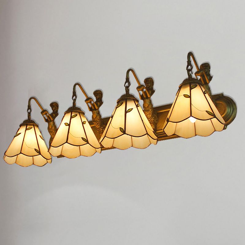 4 Lights Lily Wall Mount Light Tiffany Beige Glass Sconce Light with Mermaid Decoration