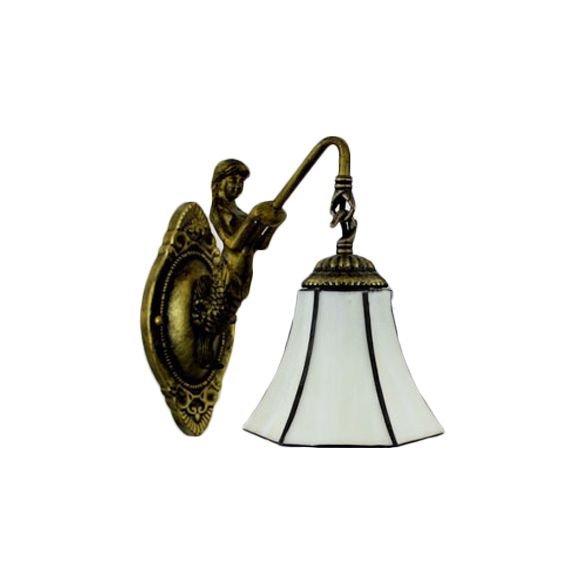 Flared Wall Light Fixture Tiffany Blue/Beige Glass 1 Head Antique Bronze Sconce Lighting