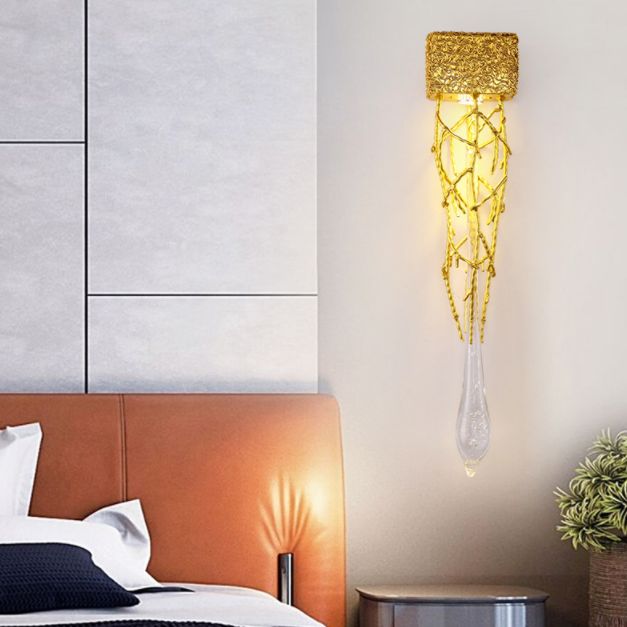 Crystal Droplet Wall Lamp Postmodern 1 Bulb Gold Plated Sconce Lighting for Stairs