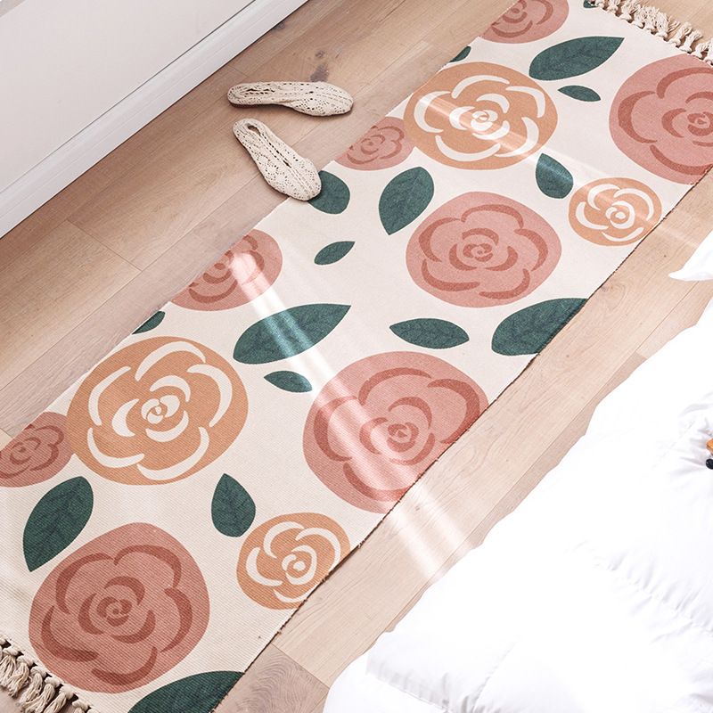 Modern Botanics Print Carpet Cotton Indoor Rug Fringe Pet Friendly Rug for Home Decoration