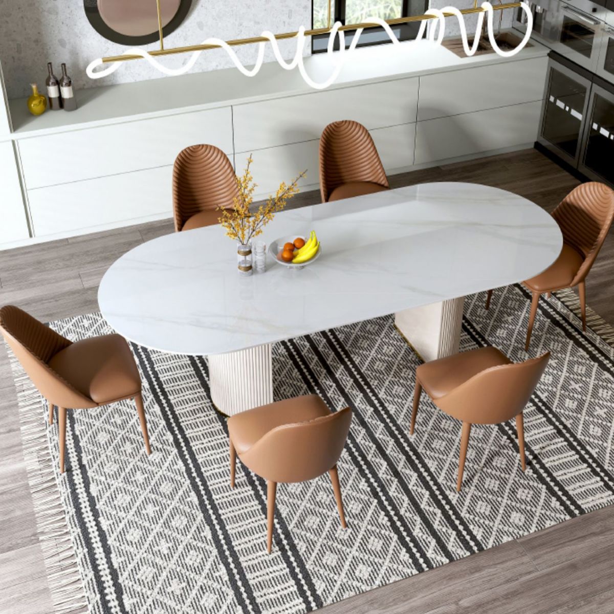 Modern Stone Top Dining Table Oval Table with Sled Base in White