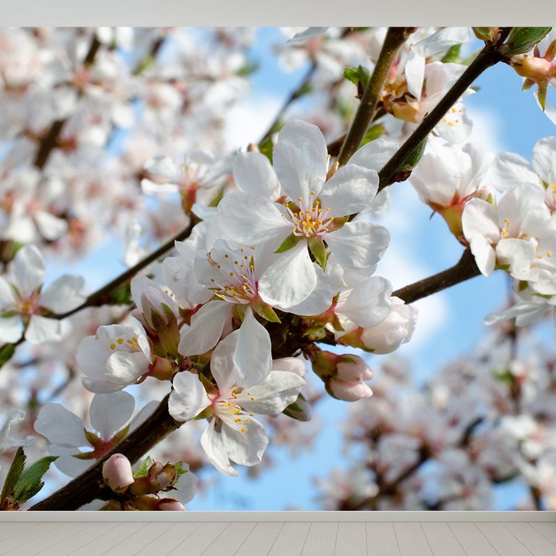 Contemporary Bud Mural Wallpaper Non-Woven Material Washable White Wall Decor for Bedroom