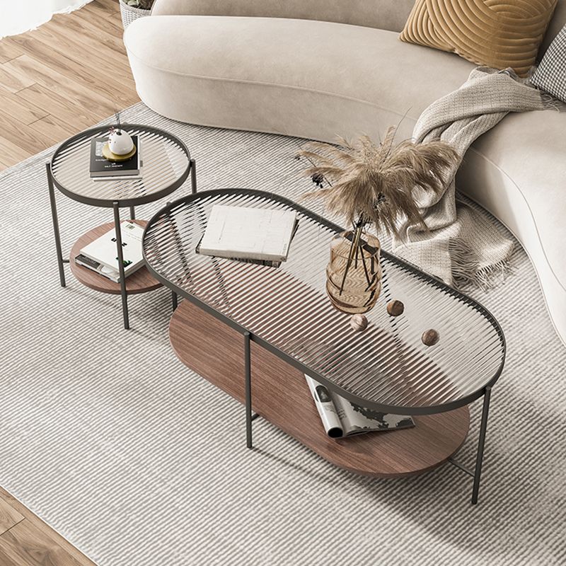 Glass Cross Legs Cocktail Table with Wood Accents Elliptical Coffee Table