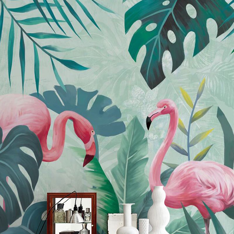 Green Flamingo and Jungle Mural Wallpaper Stain-Resistant Wall Covering for Gallery and Coffee Shop