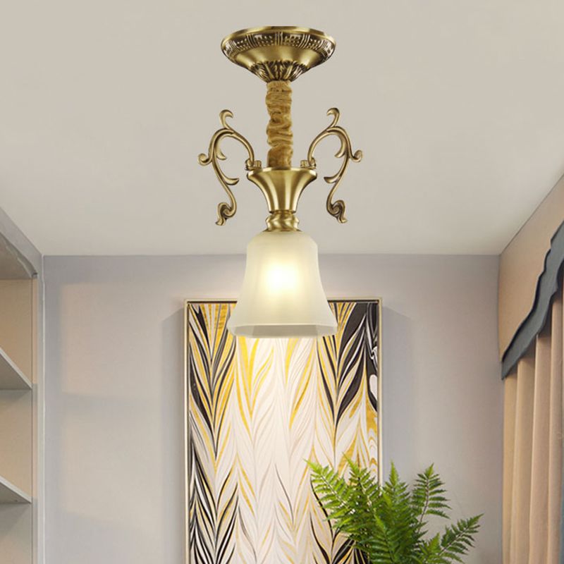 Brass 1 Head Hanging Lighting Colonial White Frosted Glass Bowl/Dome/Trapezoid Ceiling Suspension Lamp for Porch