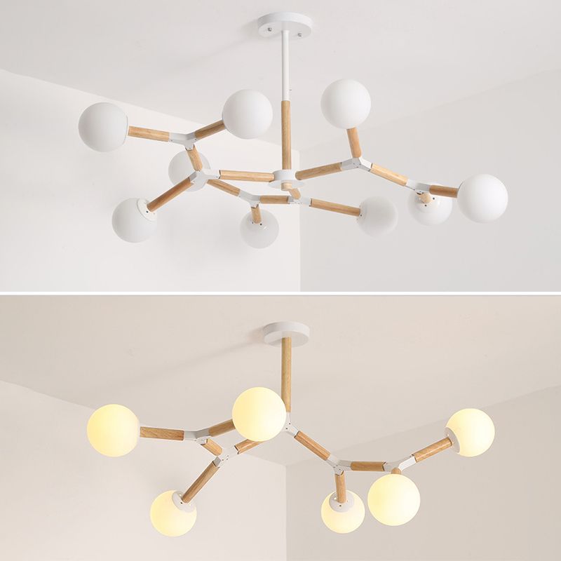 Lampadario molecolare nordico in legno soggiorno luce a sospensione con sfera di vetro opale