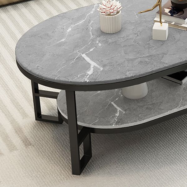 Oval Slate Top Coffee Table Iron 4 Legs Cocktail Table with Shelf