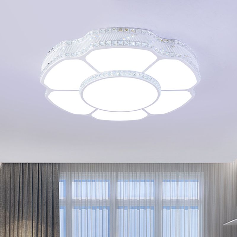 Floral Parlor Flush Mount Modern Beveled Crystal Blocks LED White Ceiling Lighting in White/Warm Light, 8.5"/19.5" Width