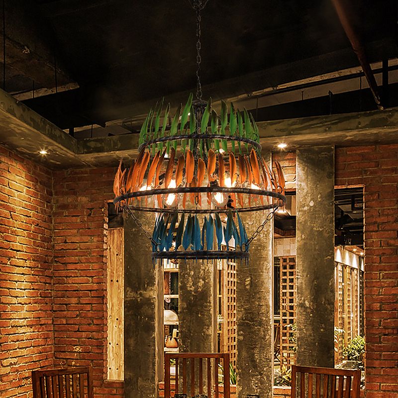 Layered Iron Chandelier Lamp Factory 6 Heads Restaurant Suspension Light in Black with Feather Design