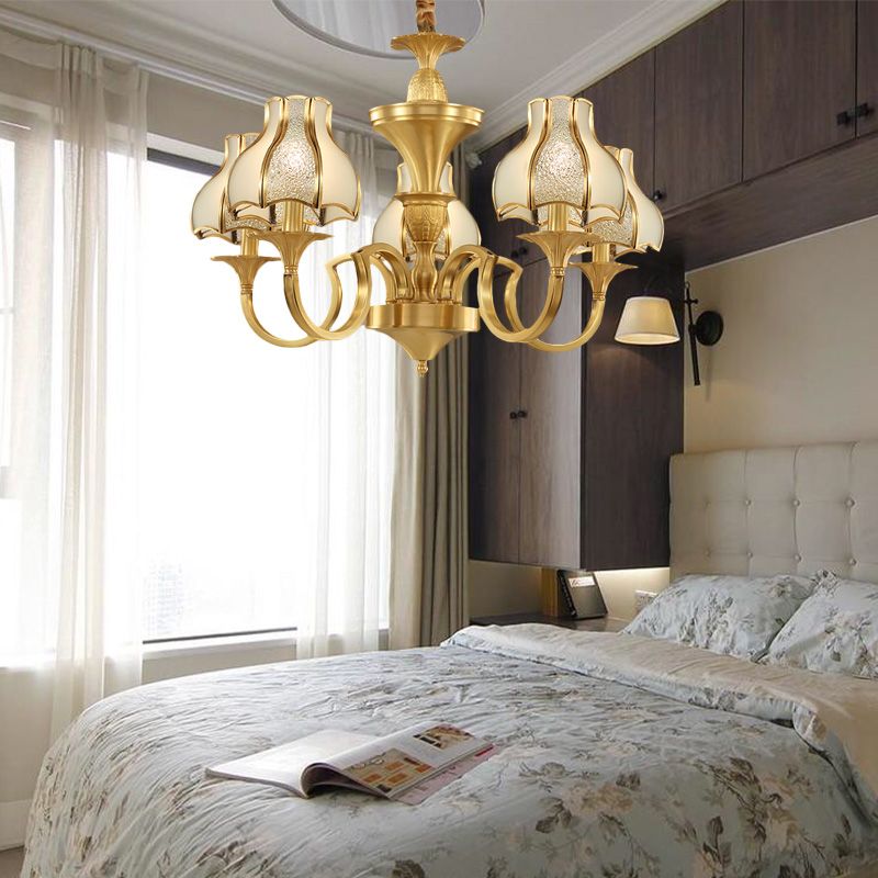 Gold 5/6 Heads Chandelier Light Colonialist  Metal Curved Arm Suspended Lighting Fixture with Opal-White Glass Shade
